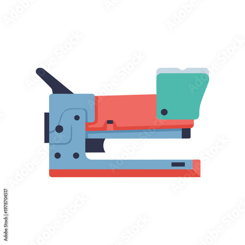 Industrial heavy duty staple gun for carpentry and construction work vector illustration manual tool for upholstery and wood projects repair equipment household maintenance hardware flat design icon.