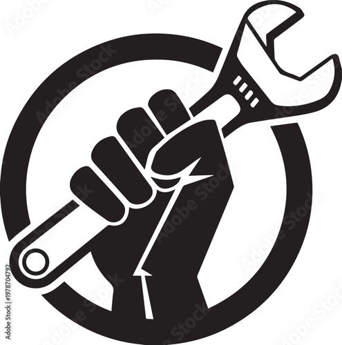 Strong clenched fist holding an adjustable wrench tool inside a circular frame