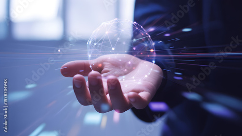 Hand holding glowing digital globe with light streaks during technological innovation concept