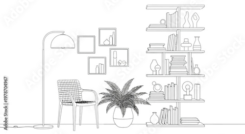 A minimalist interior scene featuring a floor lamp chair plant and shelving unit with objects