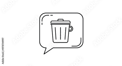 A simple line drawing depicts a trash can inside a speech bubble outline