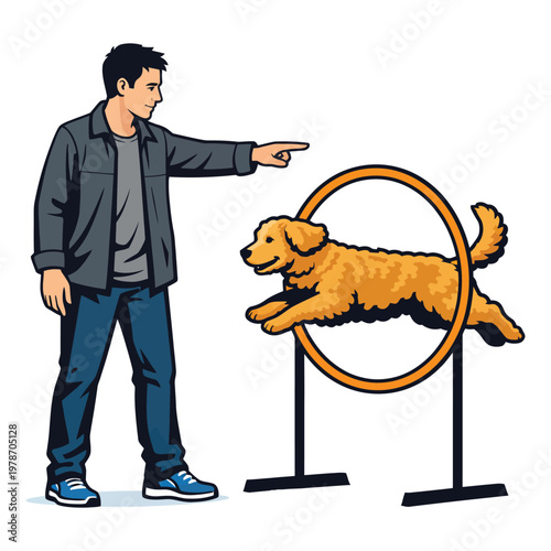Man guiding dog through orange hoop