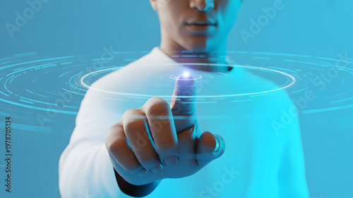 Man's Finger Touching Futuristic Digital Interface with Glowing Blue Circles