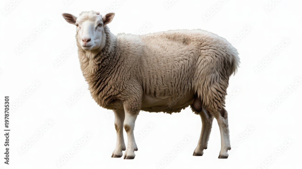 Fototapeta premium A sheep standing alone on a white background, looking directly at the camera.
