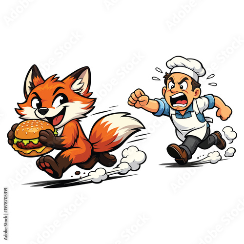 Cartoon red panda steals burger from angry chef