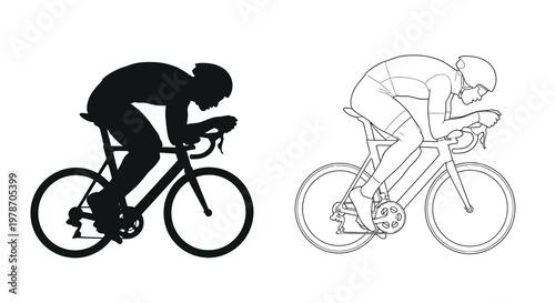 Two cyclists in dynamic poses a silhouette and a line drawing