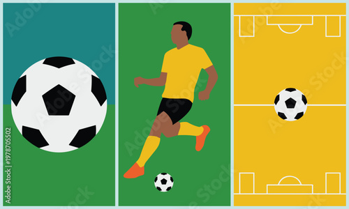 Soccer player kicking ball on field with training poster design elements