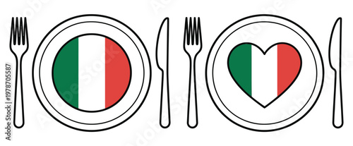Εκτύπωση καμβά Italian cuisine plate icon set with Italy flag and heart, vector illustration fo