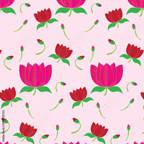 A seamless floral pattern with various tulip flowers shape on a simple pink background .