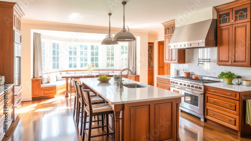Modern kitchen with island seating and large windows overlooking garden