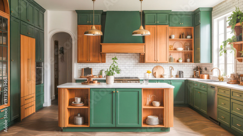 Modern kitchen with green cabinets and wooden accents