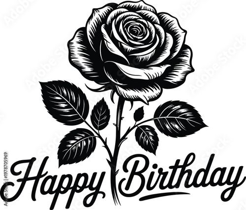 Rose flower vector illustration with Happy Birthday script for greeting card design