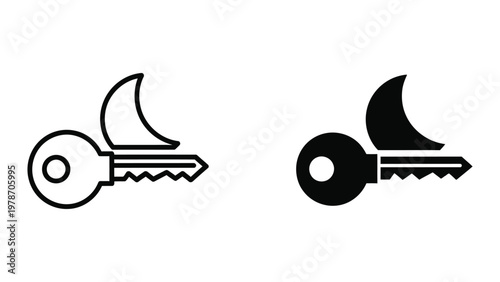 A black and white image of two keys with a crescent moon on them