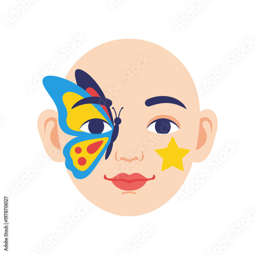 Face painting butterfly design child celebration fun playful creative art colorful playful expression joyful temporary body art kid joy party bright outdoor activity child friendly event festival.