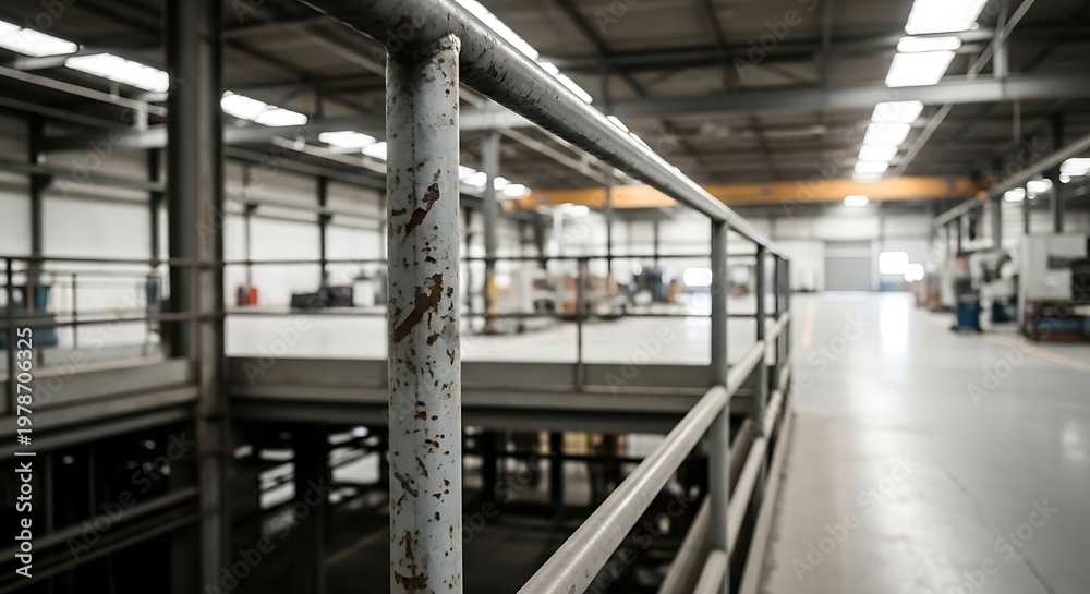 Obraz premium Industrial factory interior with metal railings and machinery visible in the background, showcasing a manufacturing or production environment.