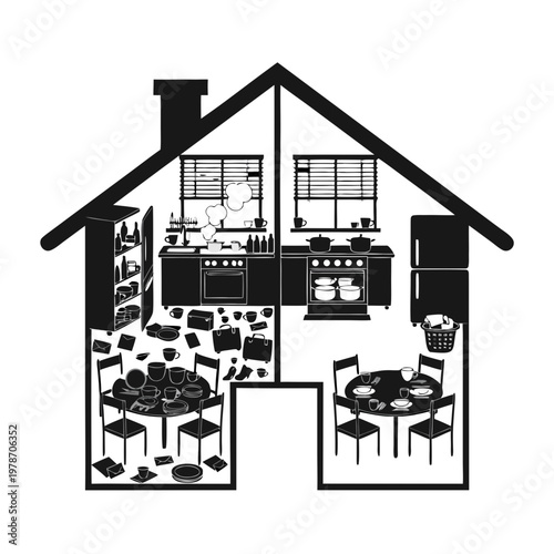 Kitchen chaos vs. order: A striking contrast presented in a monochrome illustration of a home divided, showcasing the opposing states of a messy kitchen and a pristine one, the clean and tidy side.
