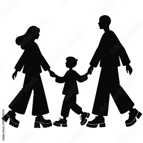 Family Silhouette: A heartwarming silhouette captures a family's bond, parents holding hands with their child as they journey together, symbolizing unity and togetherness.