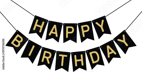 Happy birthday banner vector illustration with black and gold bunting flags for party decoration