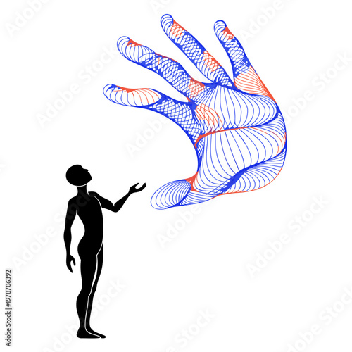 Abstract Gesture of Connection: A small person silhouette extends a hand towards a huge abstract representation of a hand, formed by intricate lines and curves, against a plain canvas.