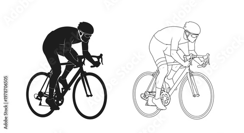 Two cyclists riding road bikes in a black and white line art style