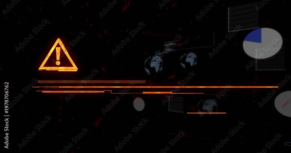Fototapeta premium Glowing orange warning triangle sitting left on HUD, showing progress lines, pie chart, copy space