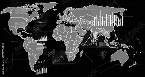 Stylized world map showing bar charts line graphs hex clusters nodes on dark grid dashboard