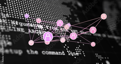 Forming pink circular avatar graph over blurred console showing thin pink lines and hub nodes