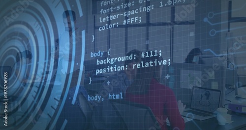 Presenting team lead in white shirt guiding coworkers in office, red top, laptops, code HUD overlay