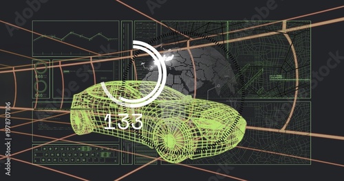 Displaying neon-green 3D wireframe car model rotating in virtual CAD with HUD133, globe, map panels