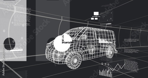Displaying 3D wireframe van model rotating in virtual workspace, with pie chart, line graph, grid