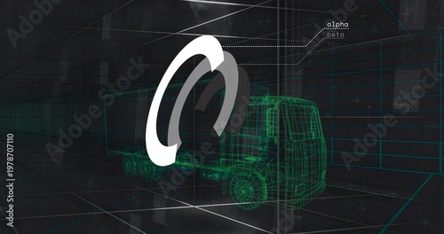 Rendering 3D truck wireframe with white or gray logo overlapping cab in studio, teal grid, alpha or 