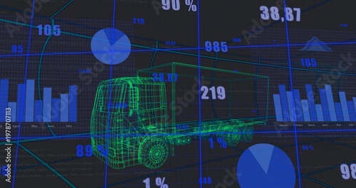 Displaying neon green wireframe 3D truck rotating on dashboard, with bar charts and numeric data