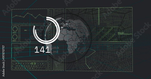Displaying circular HUD combining dotted globe, progress ring and readout 141 with tiled maps
