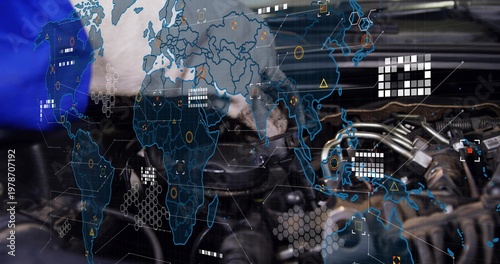 Repairing mechanic hands in blue sleeve, light glove tuning engine parts in garage, with AR overlay