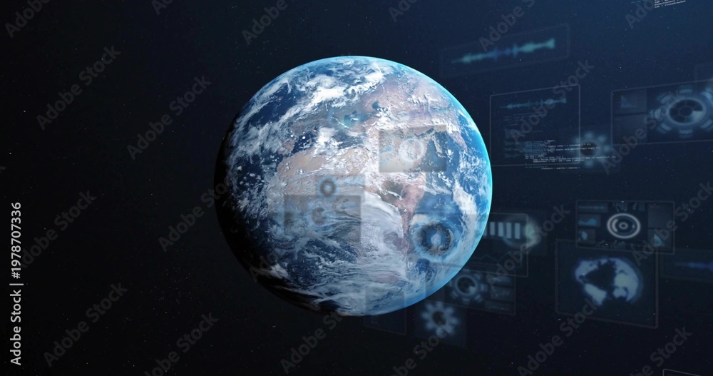 Fototapeta premium Displaying textured planet Earth floating in outer space, with holographic UI panels and charts
