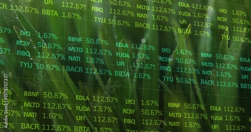 Showing ticker codes and percent values on green overlay over close-up plant foliage, grid lines