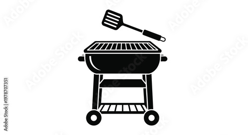 A black and white illustration of a portable barbecue grill and spatula