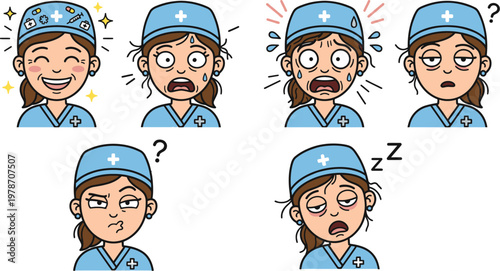 A cartoon healthcare worker displays various emotions with an expressive face in a digital illustration.