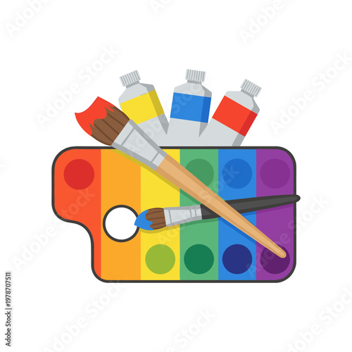 Artist's rainbow palette with various paint tubes and brushes, essential tools for painters and creative expression, illustrating art supplies for colorful projects and artworks.
