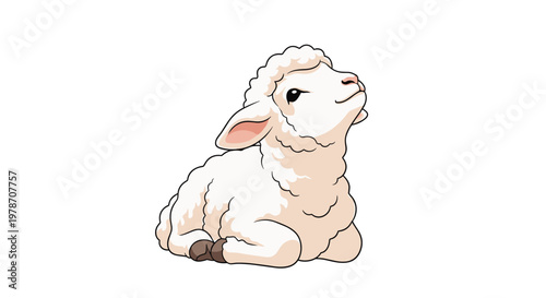 Cute little white lamb sitting down and looking up with a gentle smile on its face in a clean cartoon illustration style.