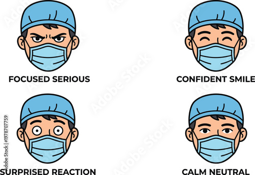 Cartoon healthcare worker expressive face wearing surgical masks showing focused serious surprised and calm emotions.