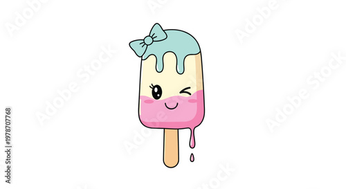Sweet winking ice cream popsicle character with blue glaze, a pink bottom, and a small bow on its head for kids.