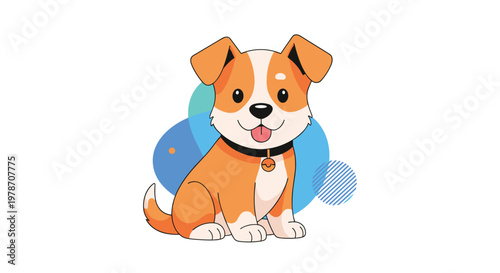 Friendly brown and white puppy dog sitting down with its tongue out against a decorative abstract background.