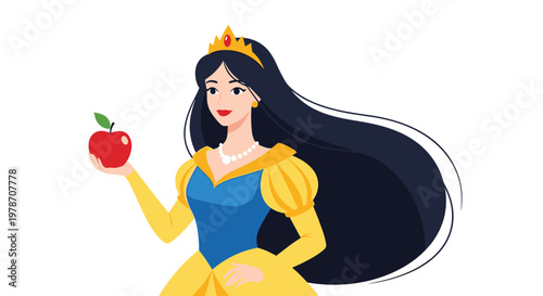 Portrait of a classic fairytale princess with long black hair holding a red apple in a yellow and blue ballgown.