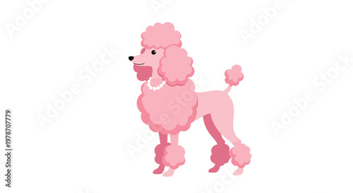 Stylish pink poodle dog standing gracefully with a pearl necklace in a flat cartoon design on a white background.