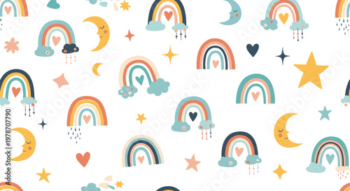 Seamless nursery pattern with colorful rainbows, sleeping moons, twinkling stars, and hearts in soft pastel colors.