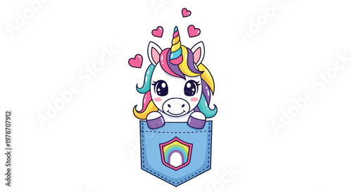 Cute little unicorn peeking out from a denim pocket with a rainbow patch and floating pink hearts on a white background.