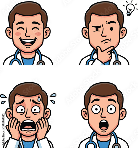 Cartoon healthcare worker displays various expressive facial expressions
