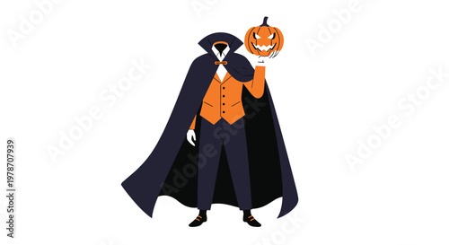 Spooky headless horseman figure wearing a long black cape and orange vest holding a carved pumpkin head for halloween.