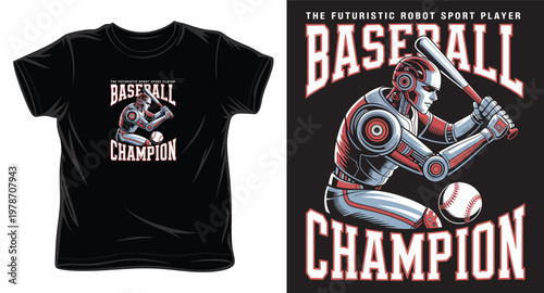 Mechanical robot baseball player hitting ball vector illustration for sports apparel and graphic tshirt design.
